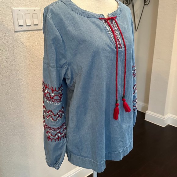 BROOKE SHIELDS Denim Boho Peasant Shirt - M - Picture 3 of 12